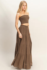Chocolate Smocked Tube Top Tiered Skirt Set