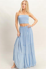 Light Blue Smocked Tube Top Tiered Skirt Maternity Set