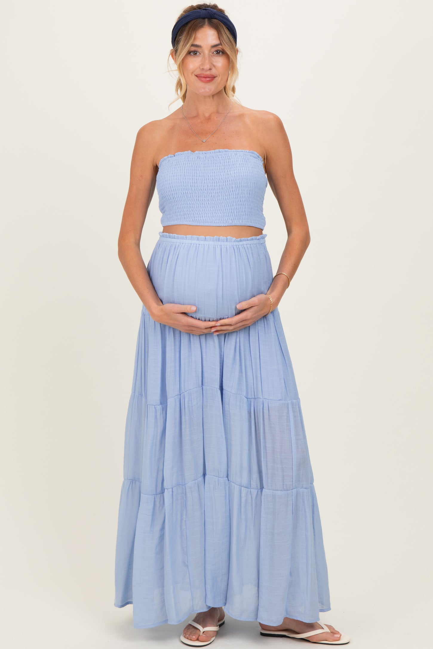 Light Blue Smocked Tube Top Tiered Skirt Maternity Set