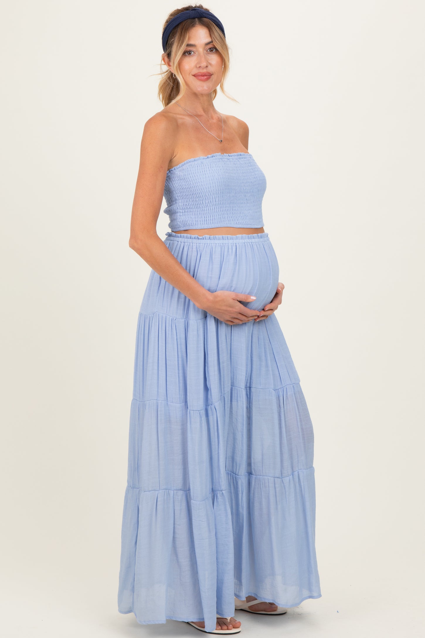 Light Blue Smocked Tube Top Tiered Skirt Maternity Set