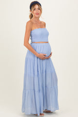 Light Blue Smocked Tube Top Tiered Skirt Maternity Set