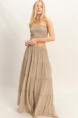 Beige Smocked Tube Top Tiered Skirt Set