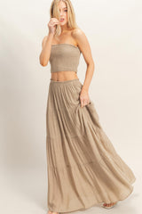 Beige Smocked Tube Top Tiered Skirt Set