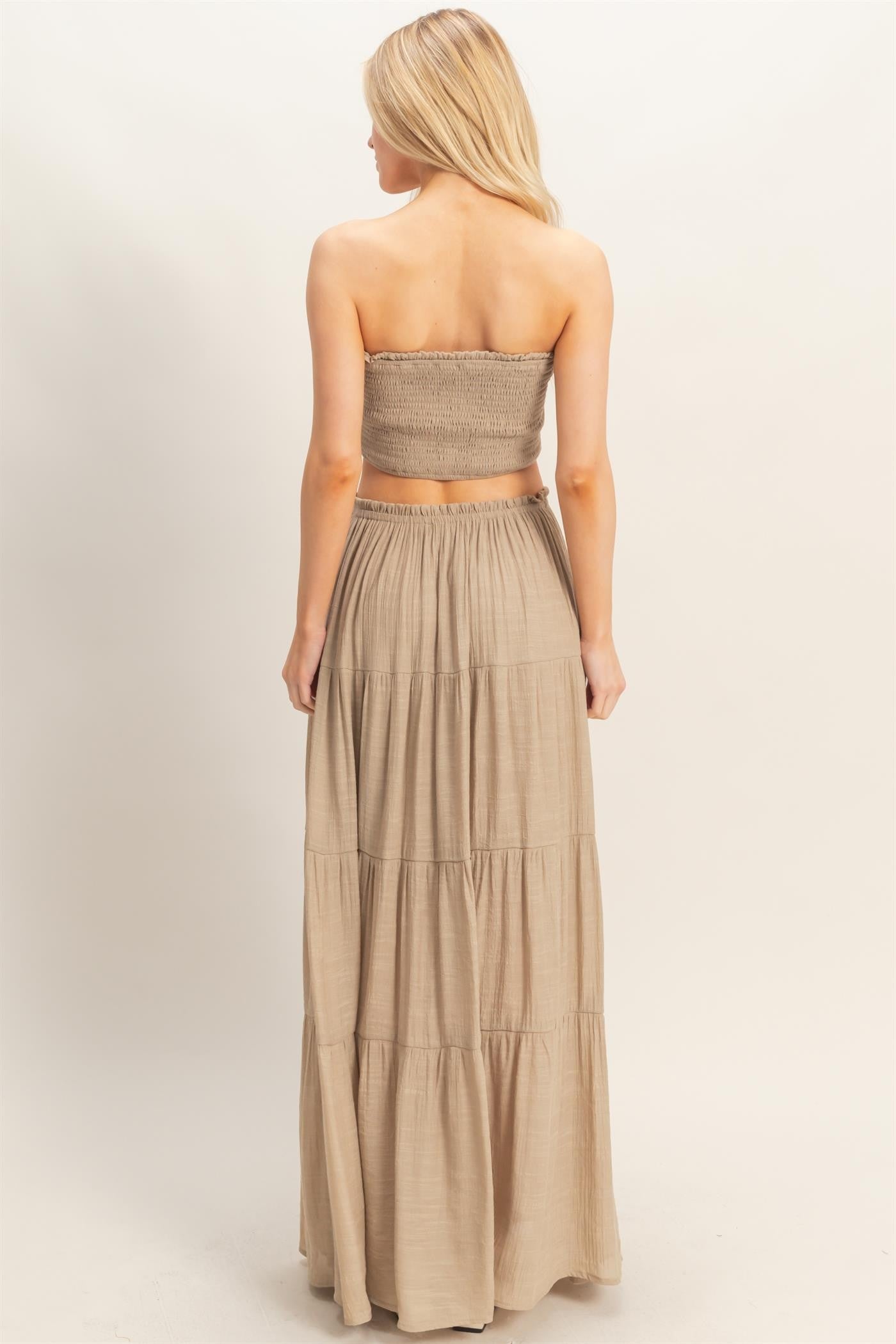 Beige Smocked Tube Top Tiered Skirt Set