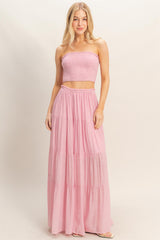 Light Pink Smocked Tube Top Tiered Skirt Maternity Set