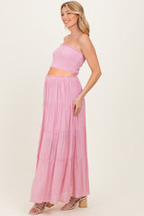 Light Pink Smocked Tube Top Tiered Skirt Maternity Set
