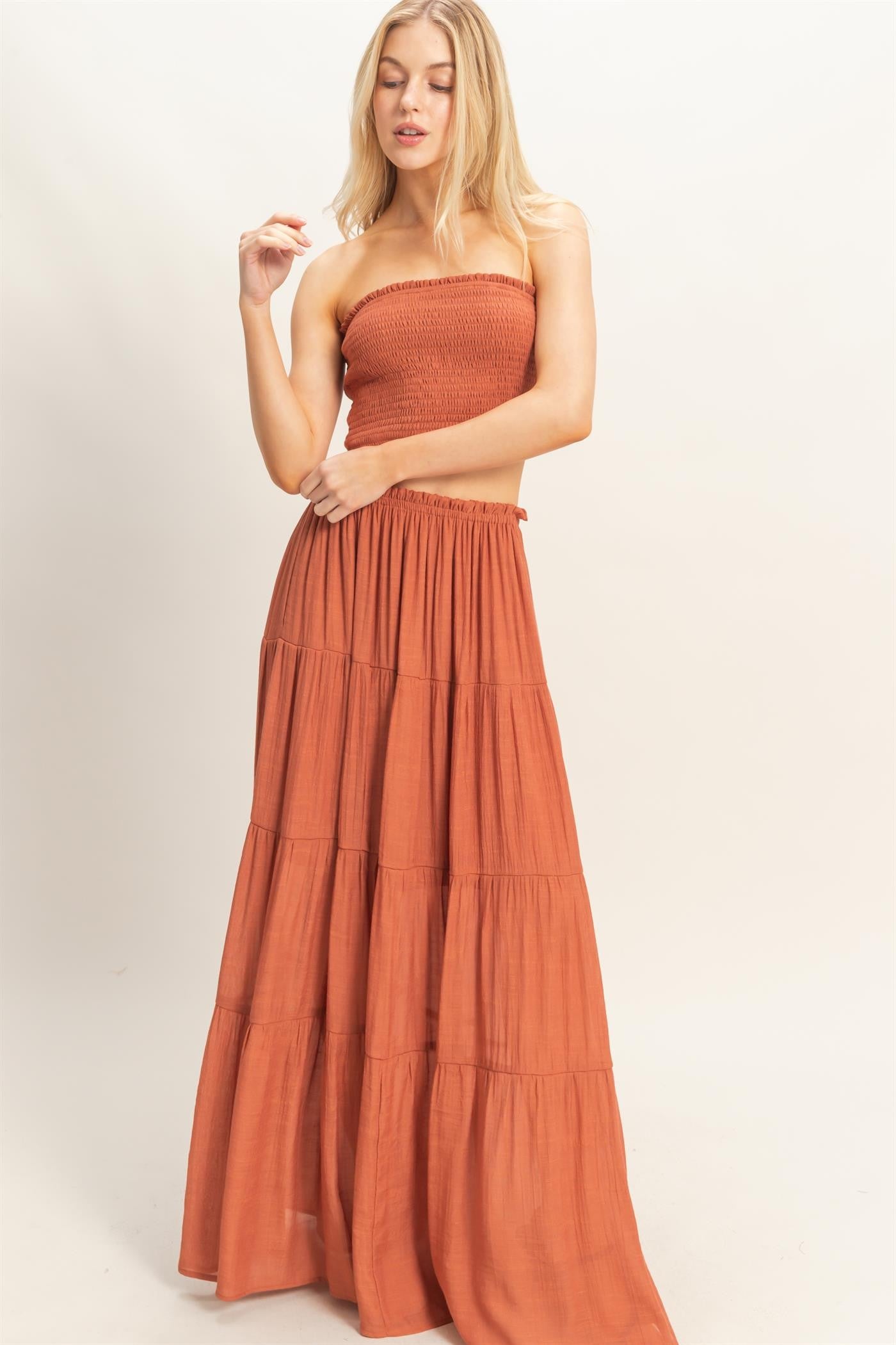Rust Smocked Tube Top Tiered Skirt Set