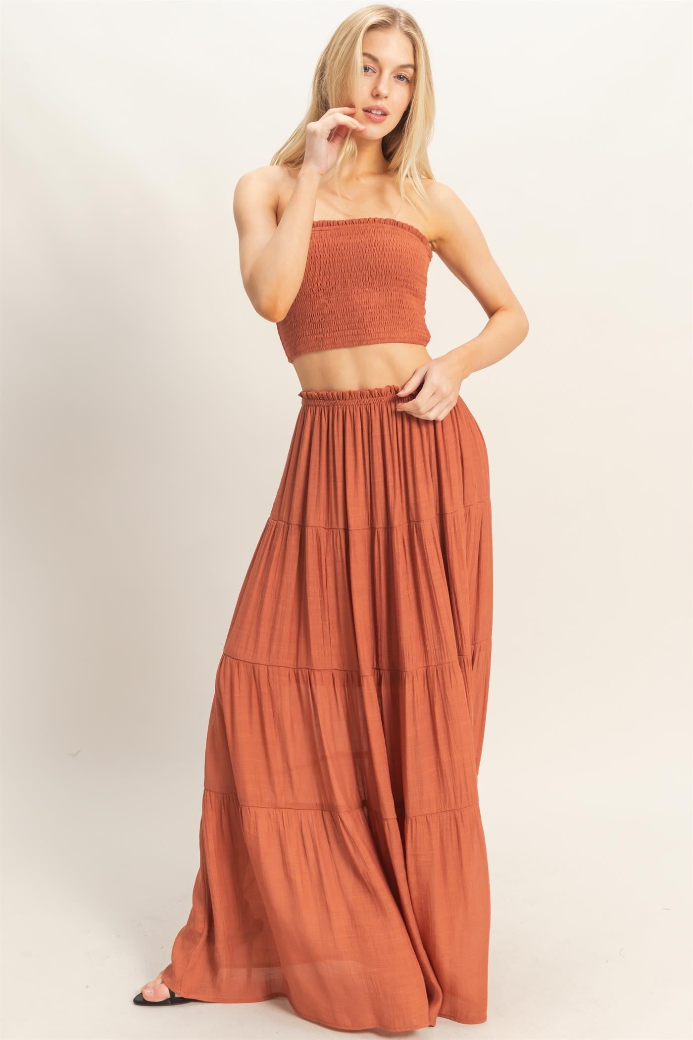 Rust Smocked Tube Top Tiered Skirt Set