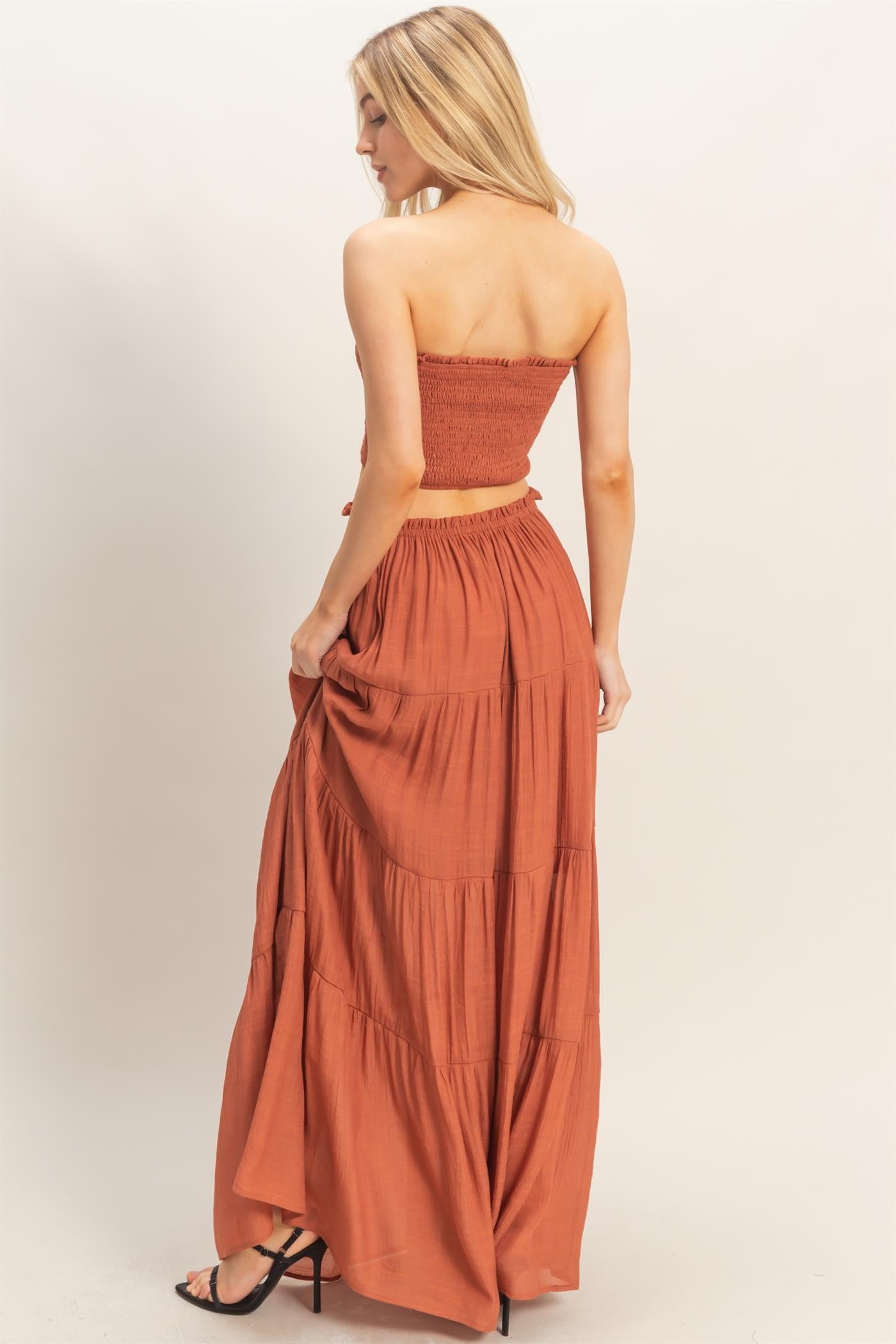 Rust Smocked Tube Top Tiered Skirt Set