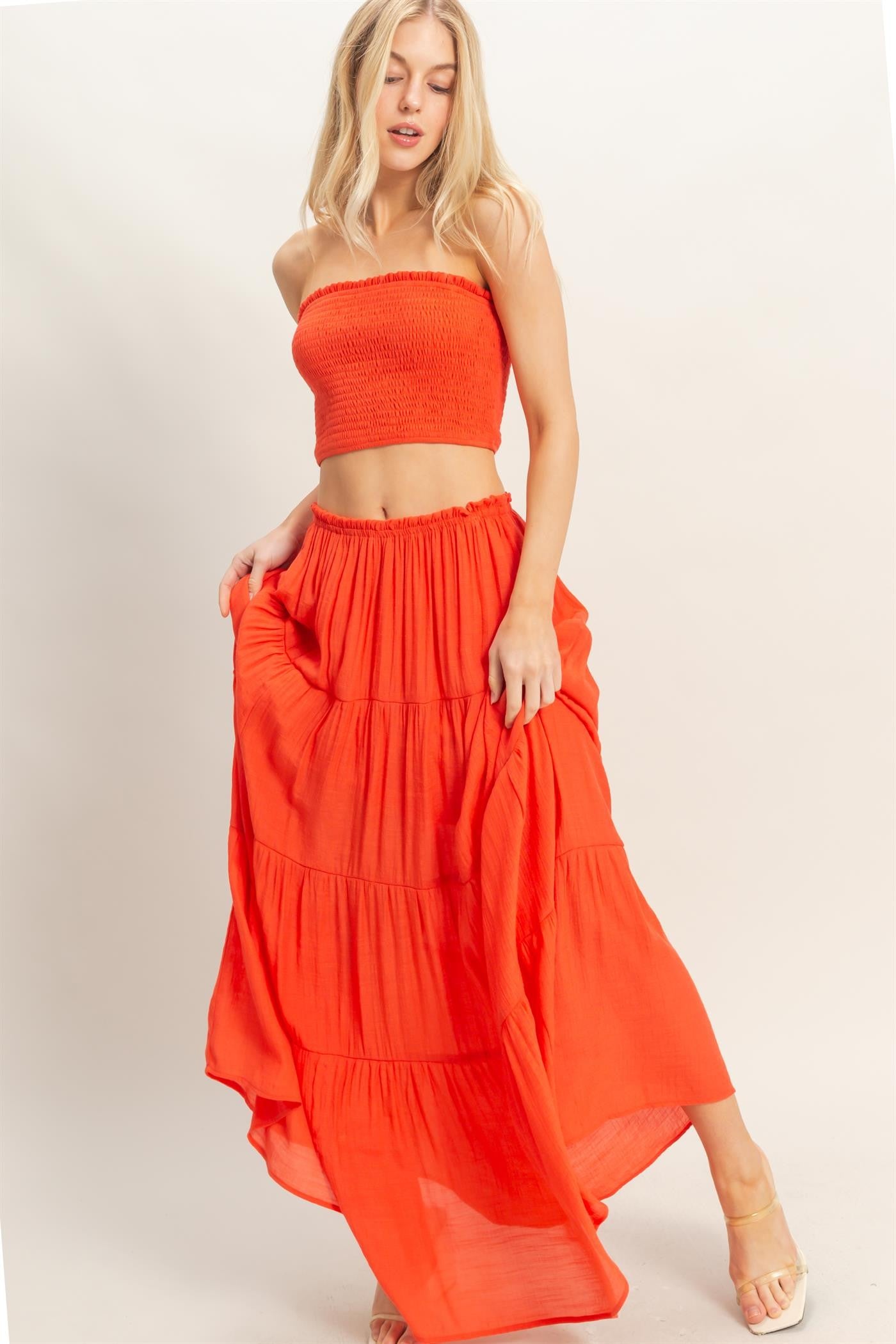 Orange Smocked Tube Top Tiered Skirt Set