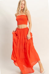 Orange Smocked Tube Top Tiered Skirt Set