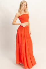 Orange Smocked Tube Top Tiered Skirt Set