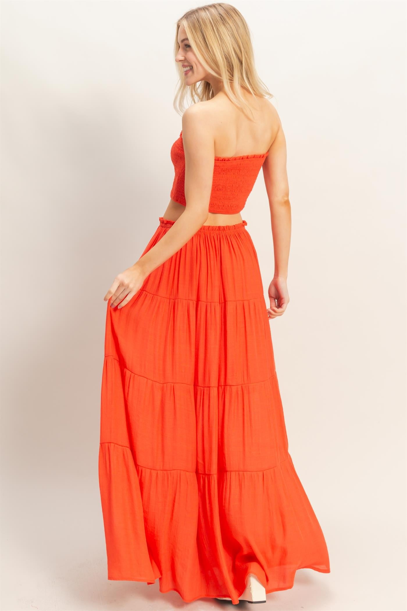 Orange Smocked Tube Top Tiered Skirt Set