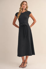 Black Jacquard Waist Tie Midi Dress