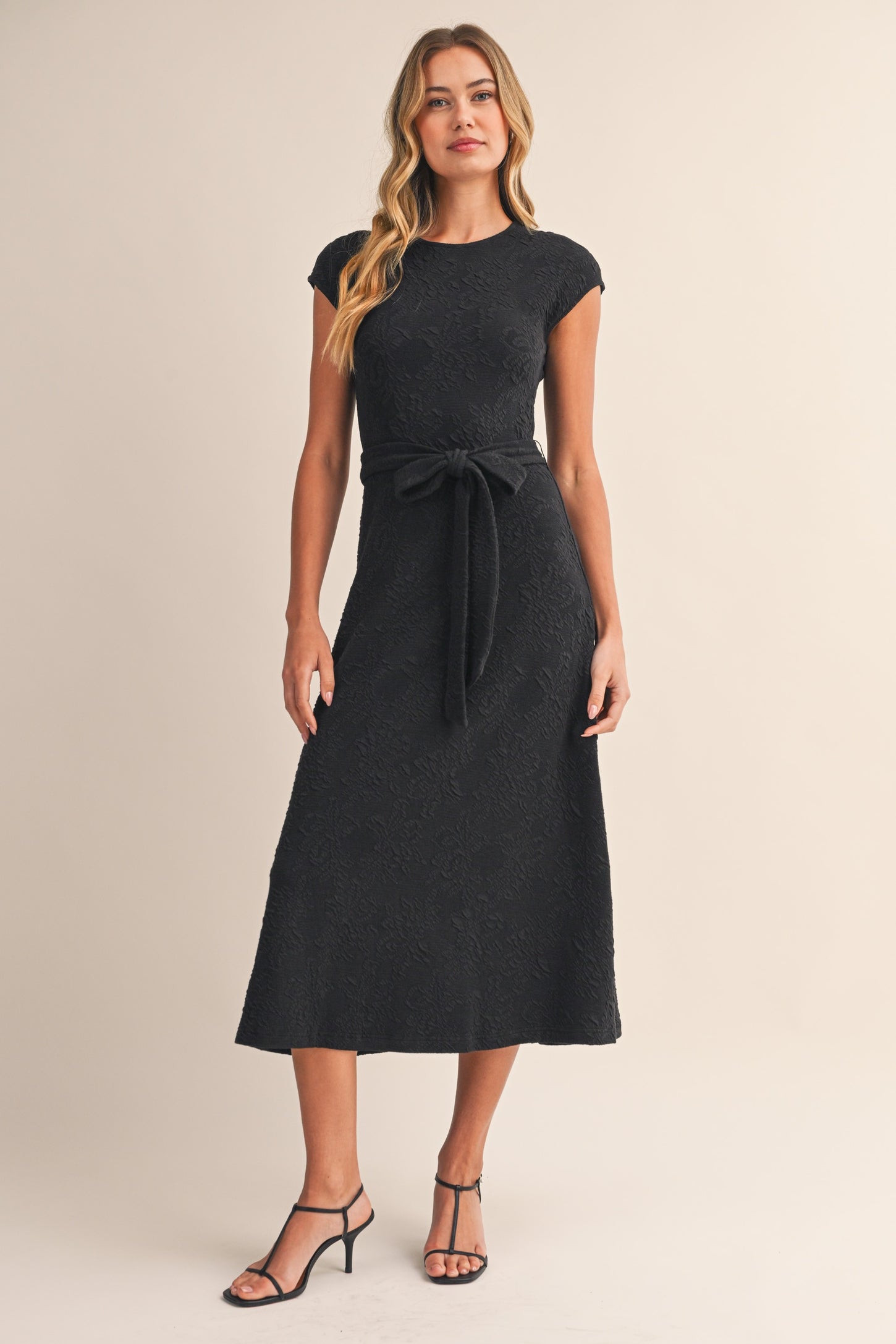 Black Jacquard Waist Tie Midi Dress