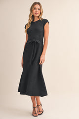 Black Jacquard Waist Tie Midi Dress