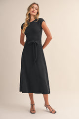 Black Jacquard Waist Tie Midi Dress