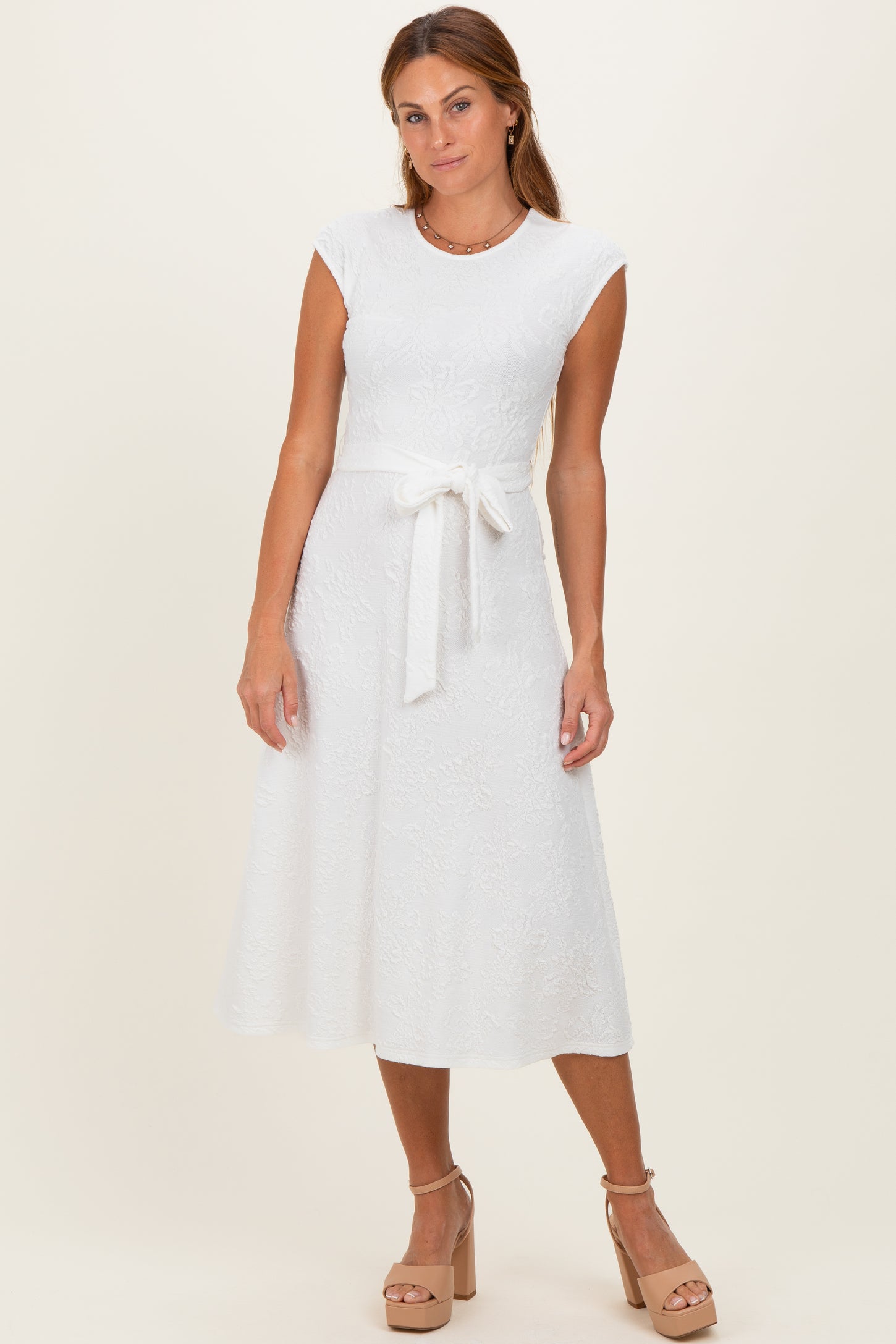 White Jacquard Waist Tie Maternity Midi Dress