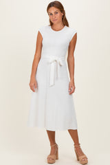 White Jacquard Waist Tie Maternity Midi Dress