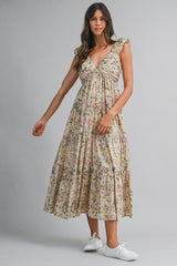 Beige Floral V-Neck Tiered Midi Dress