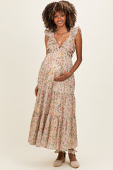 Beige Floral V-Neck Tiered Maternity Midi Dress