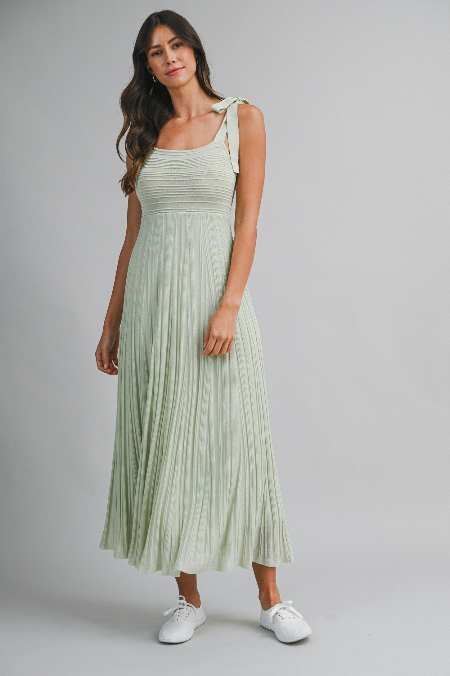 Sage Textured Knit Shoulder Tie Maternity Midi Dress