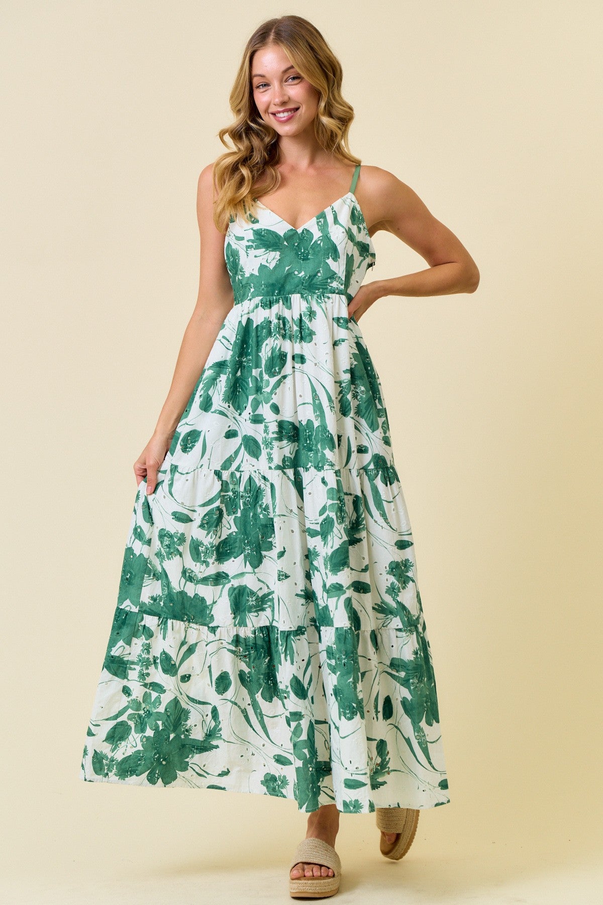 Green Floral Tiered Cutout Tie Back Maternity Maxi Dress