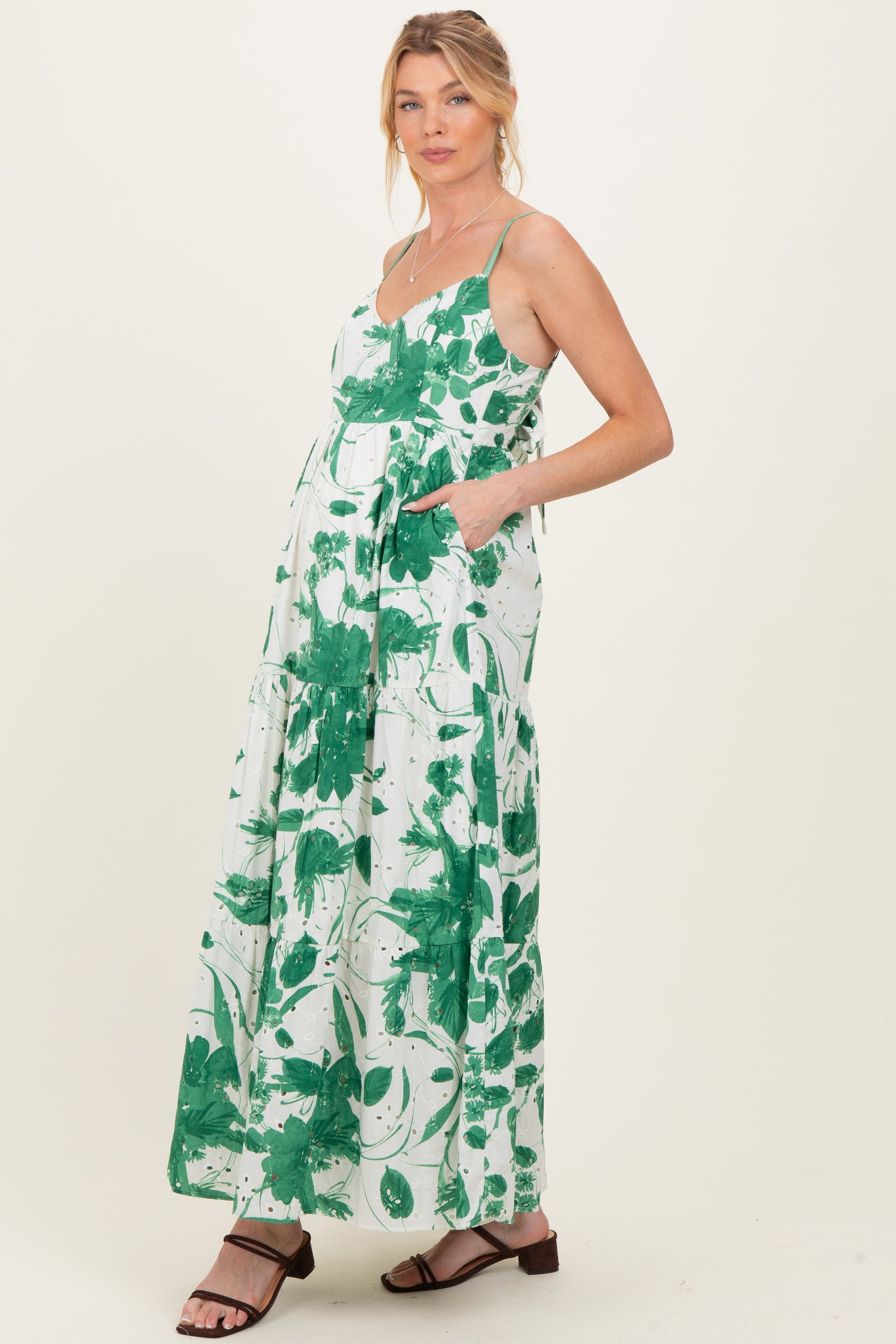 Green Floral Tiered Cutout Tie Back Maternity Maxi Dress