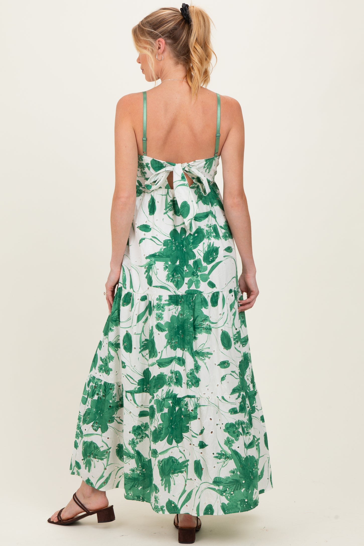 Green Floral Tiered Cutout Tie Back Maternity Maxi Dress
