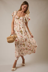 Cream Floral Puff Sleeve Maxi Dress