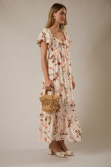Cream Floral Puff Sleeve Maxi Dress