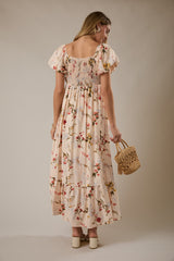 Cream Floral Puff Sleeve Maxi Dress