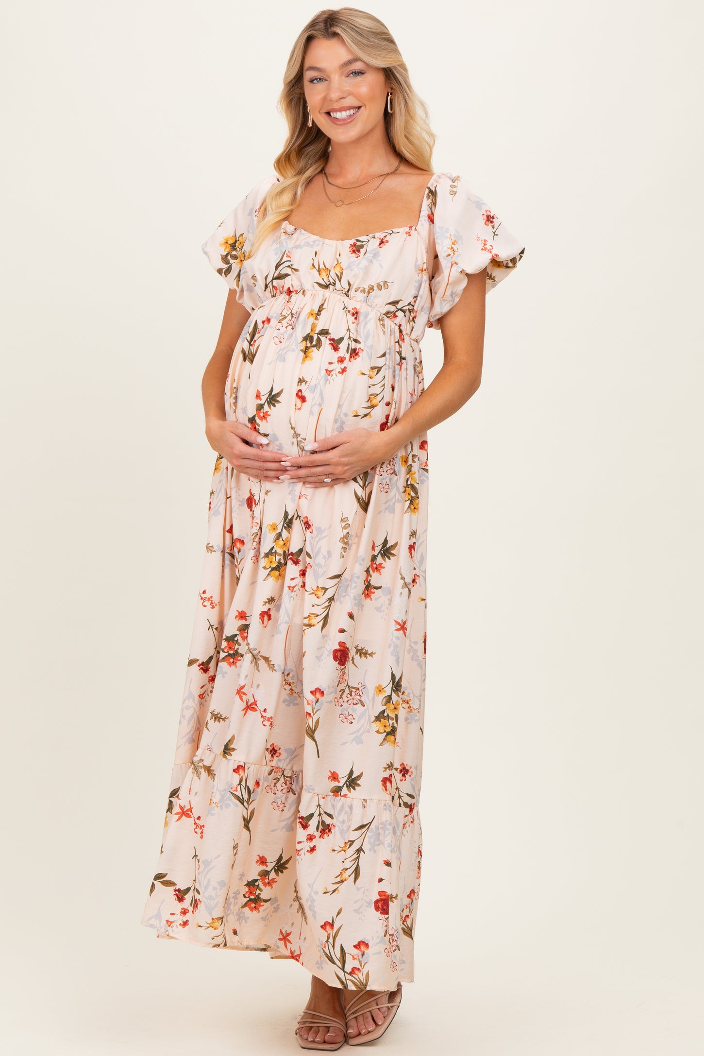 Cream Floral Puff Sleeve Maternity Maxi Dress