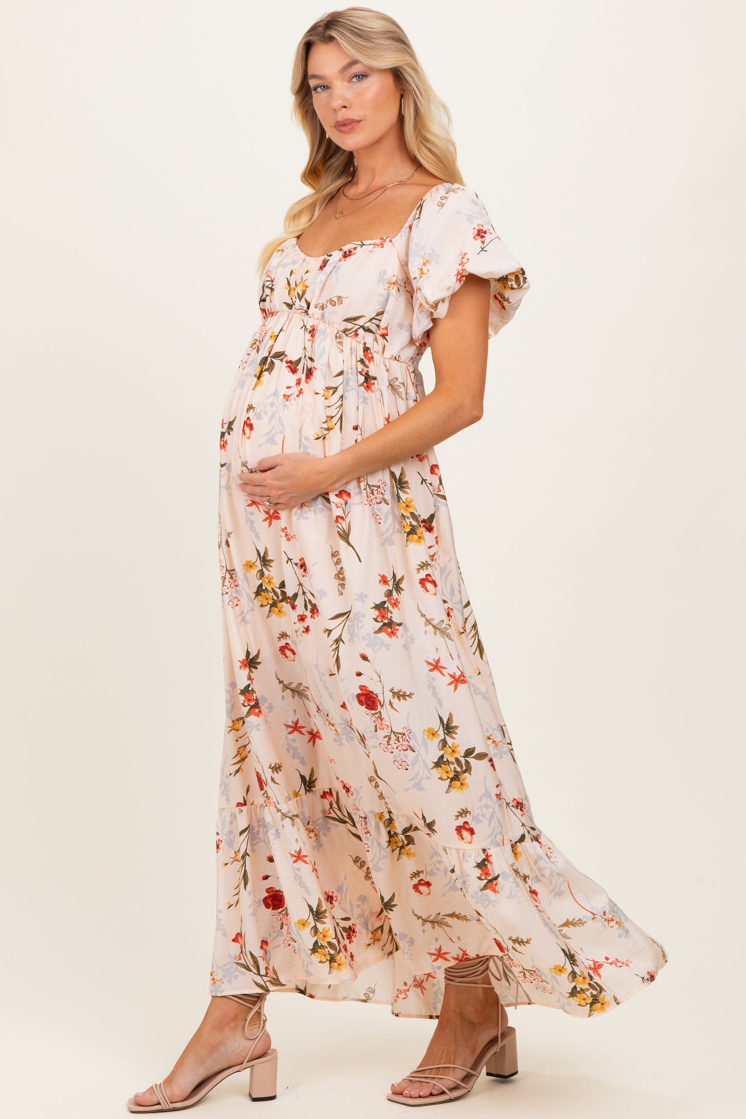 Cream Floral Puff Sleeve Maternity Maxi Dress