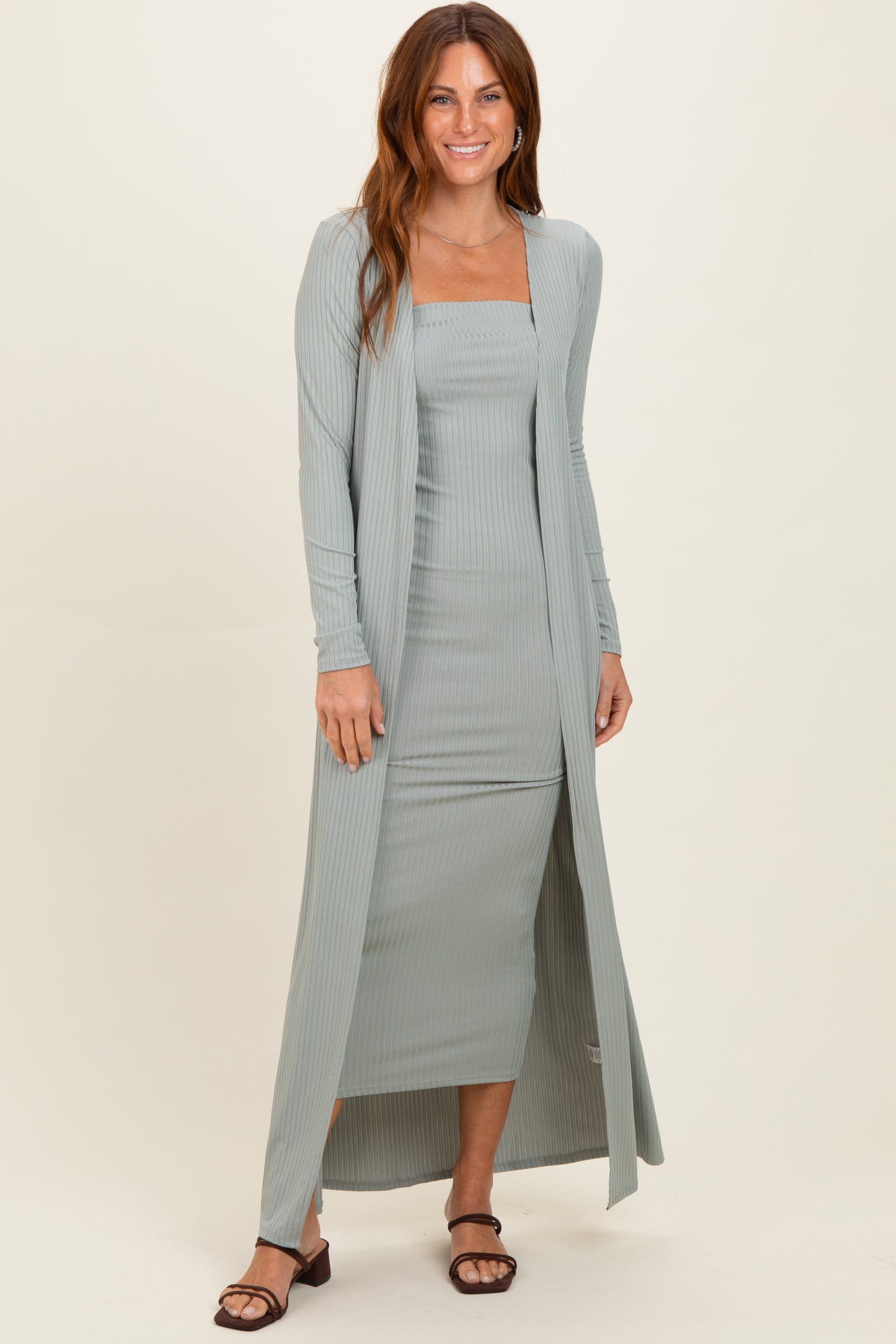 New Sage Ribbed Sleeveless Dress Cardigan Set