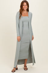 New Sage Ribbed Sleeveless Dress Cardigan Set
