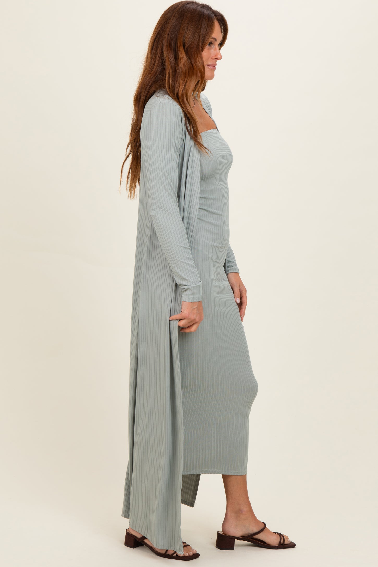 New Sage Ribbed Sleeveless Dress Cardigan Set