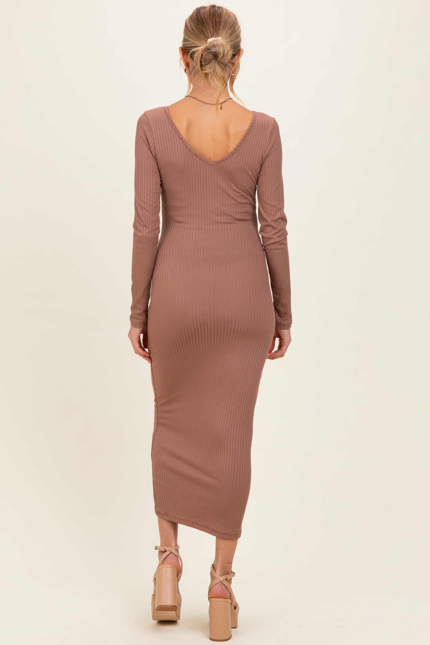 New Mocha V-Neck Long Sleeve Fitted Maternity Maxi Dress