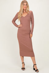 New Mocha V-Neck Long Sleeve Fitted Maternity Maxi Dress
