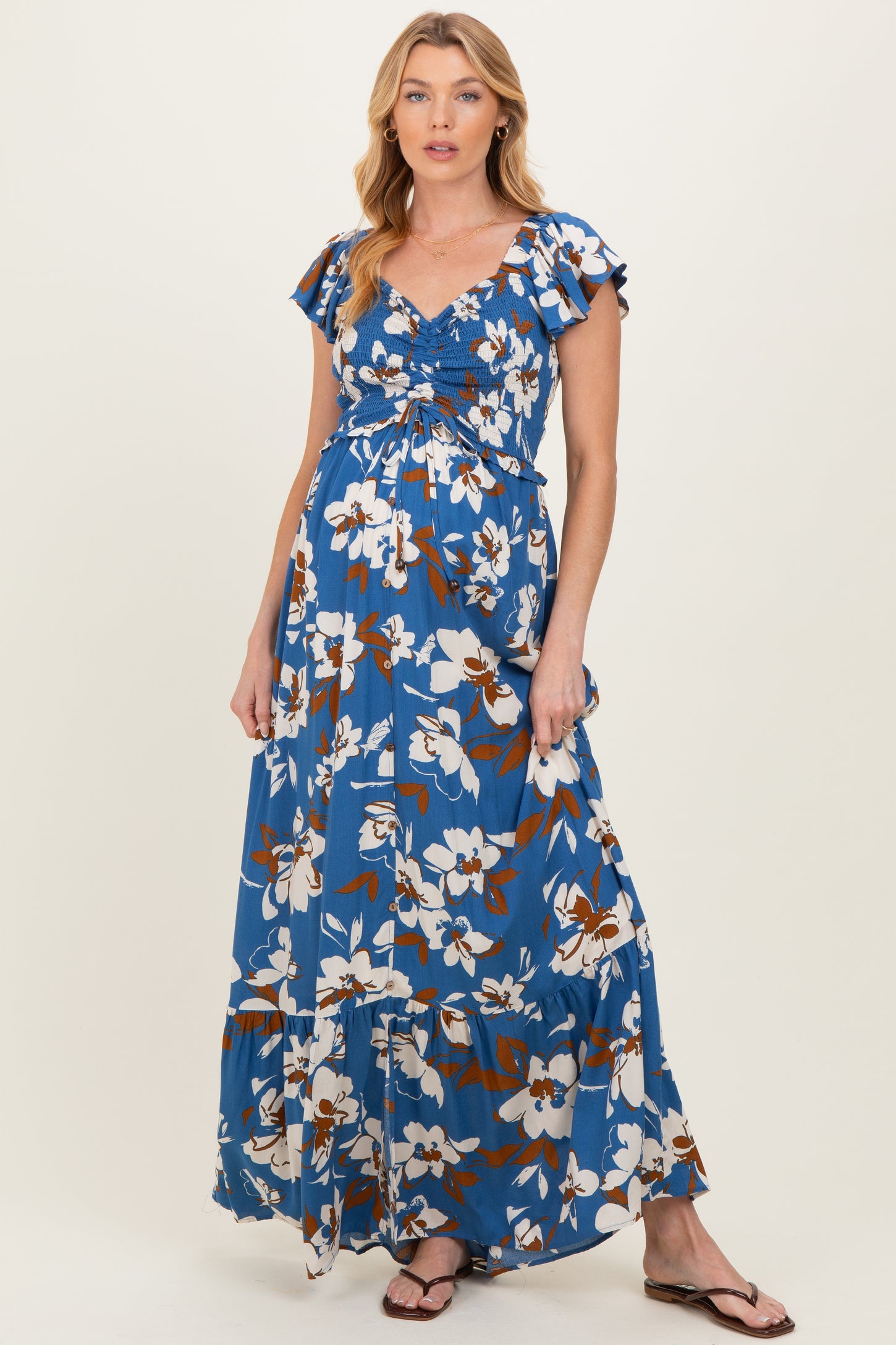 Blue Floral Cinched Smocked Maternity Maxi Dress
