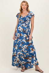Blue Floral Cinched Smocked Maternity Maxi Dress