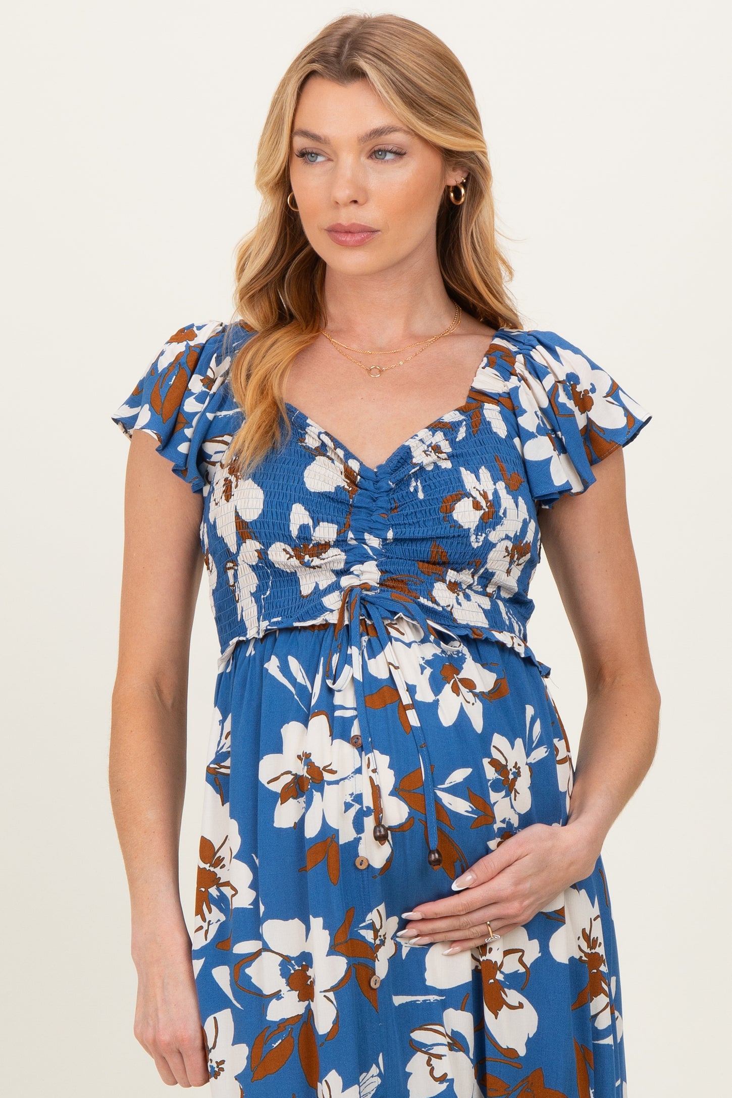 Blue Floral Cinched Smocked Maternity Maxi Dress