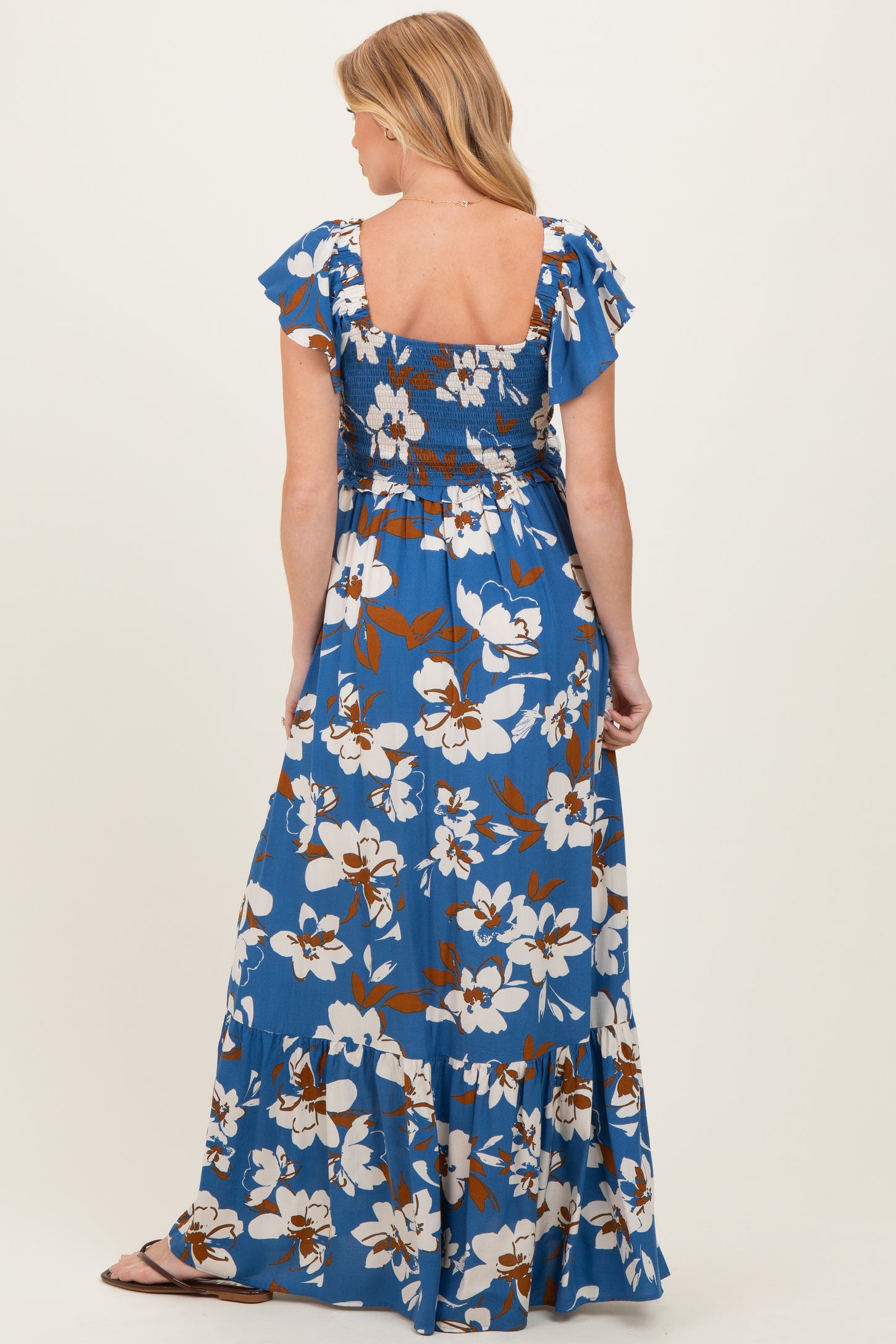Blue Floral Cinched Smocked Maternity Maxi Dress