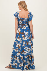 Blue Floral Cinched Smocked Maternity Maxi Dress