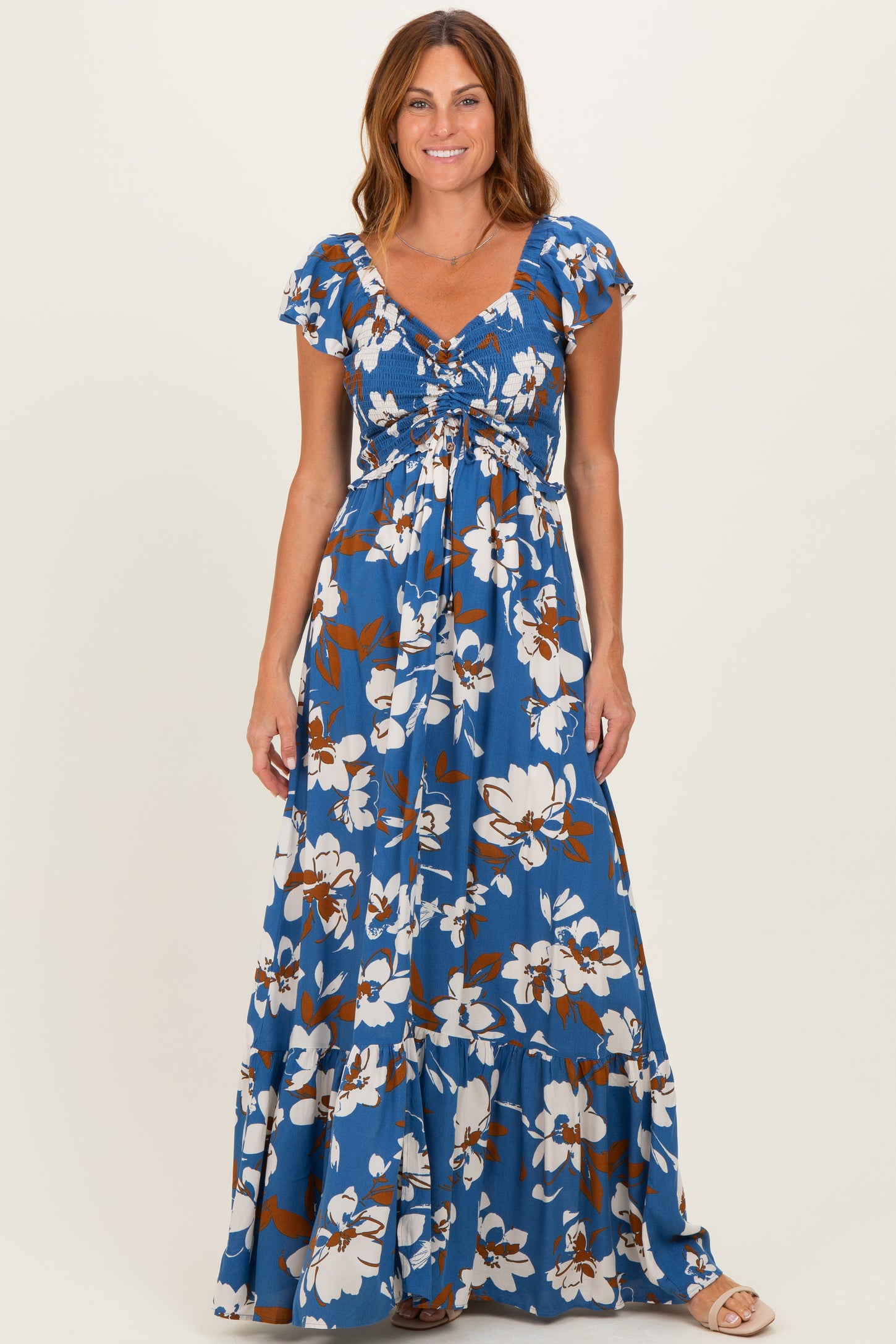 Blue Floral Cinched Smocked Maxi Dress