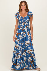 Blue Floral Cinched Smocked Maxi Dress