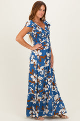 Blue Floral Cinched Smocked Maxi Dress