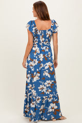 Blue Floral Cinched Smocked Maxi Dress