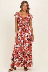 Mauve Floral Cinched Smocked Maxi Dress
