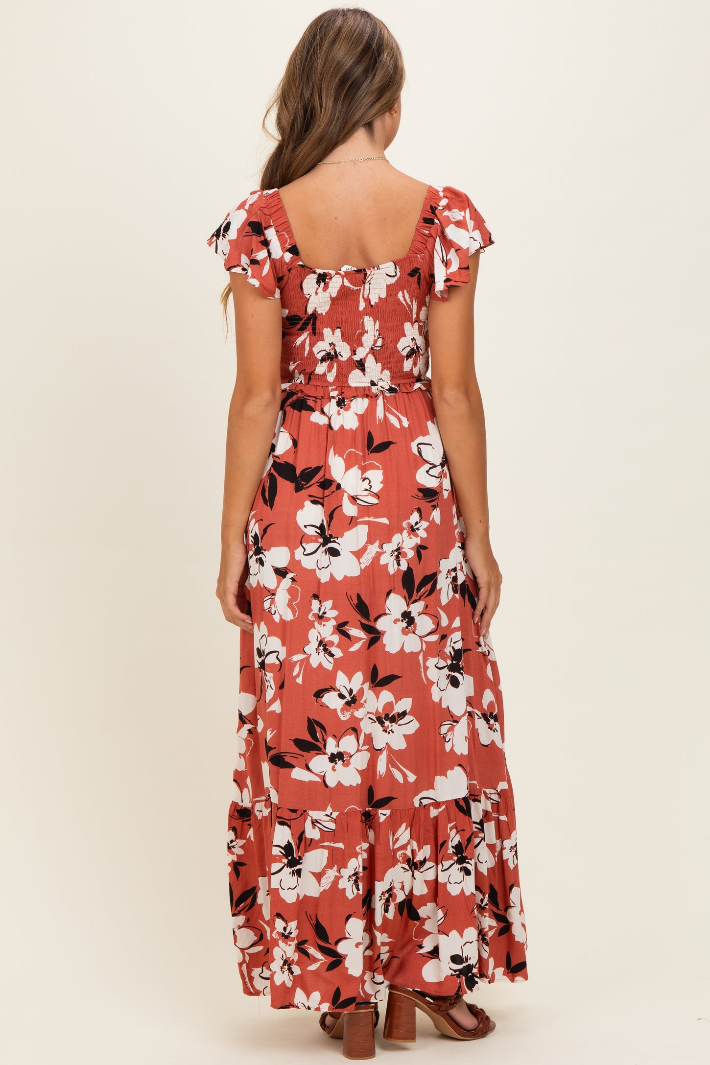 Mauve Floral Cinched Smocked Maxi Dress